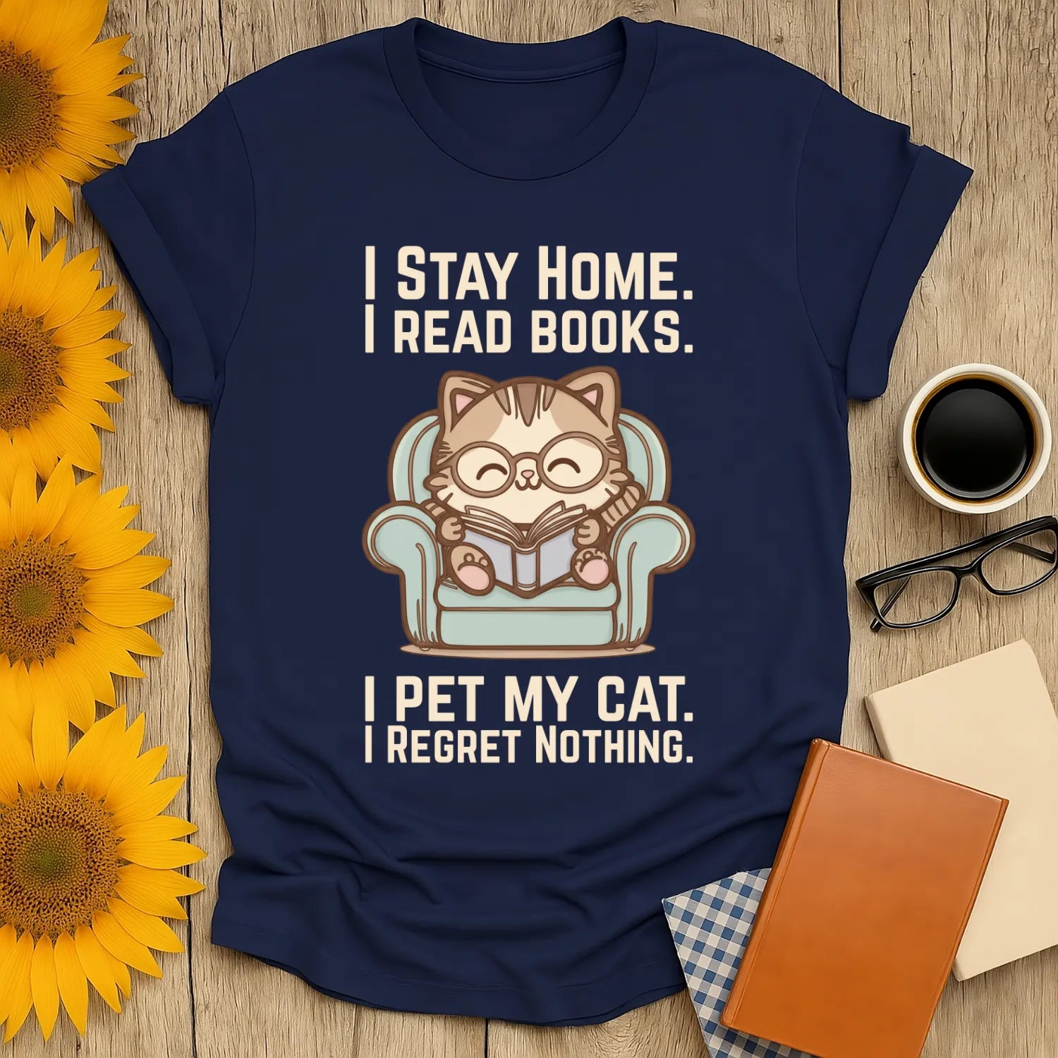Comfy Cat Reader T-Shirt featuring a cute cat in glasses reading at home, perfect for book lovers, gifts for readers, and cozy weekends.