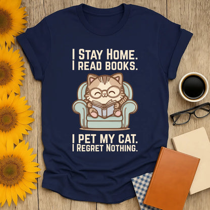 Comfy Cat Reader T-Shirt featuring a cute cat in glasses reading at home, perfect for book lovers, gifts for readers, and cozy weekends.
