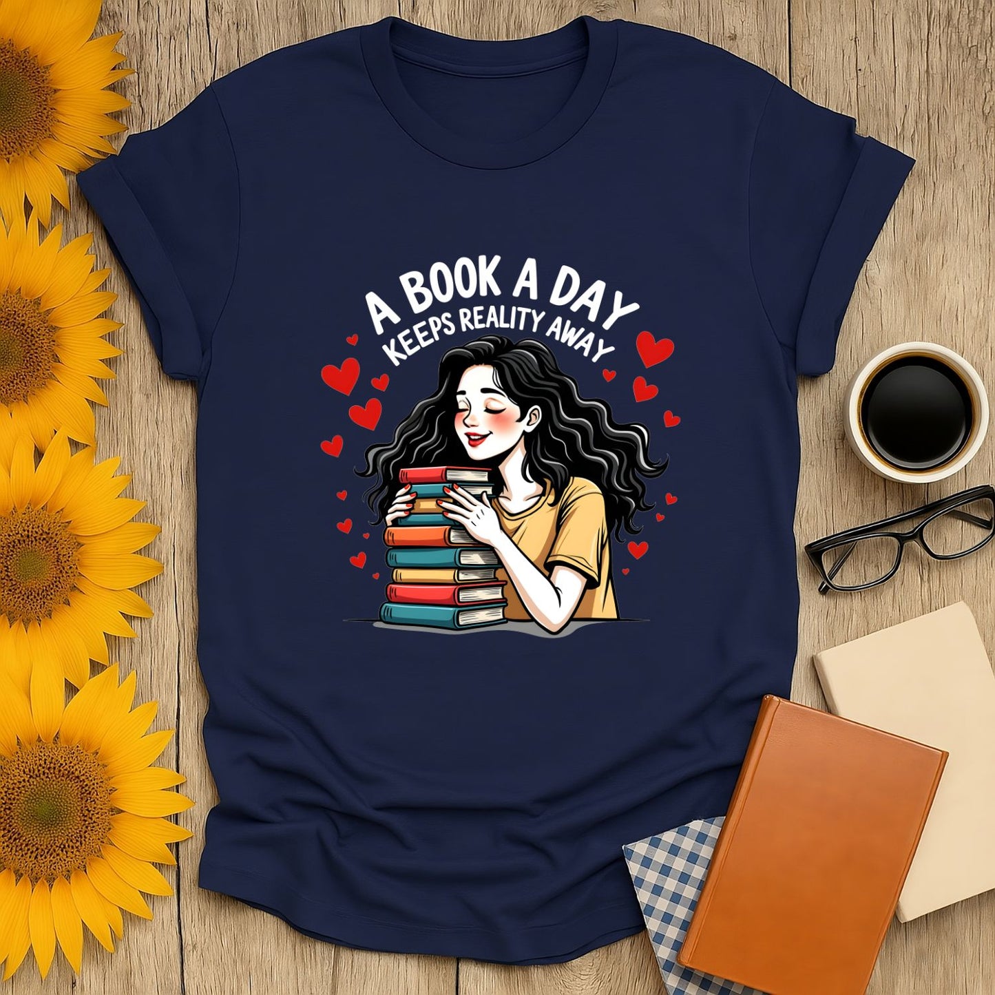 Cozy book lover shirt with illustration of a woman holding books, text saying 'A Book A Day Keeps Reality Away'. Perfect gift for readers.
