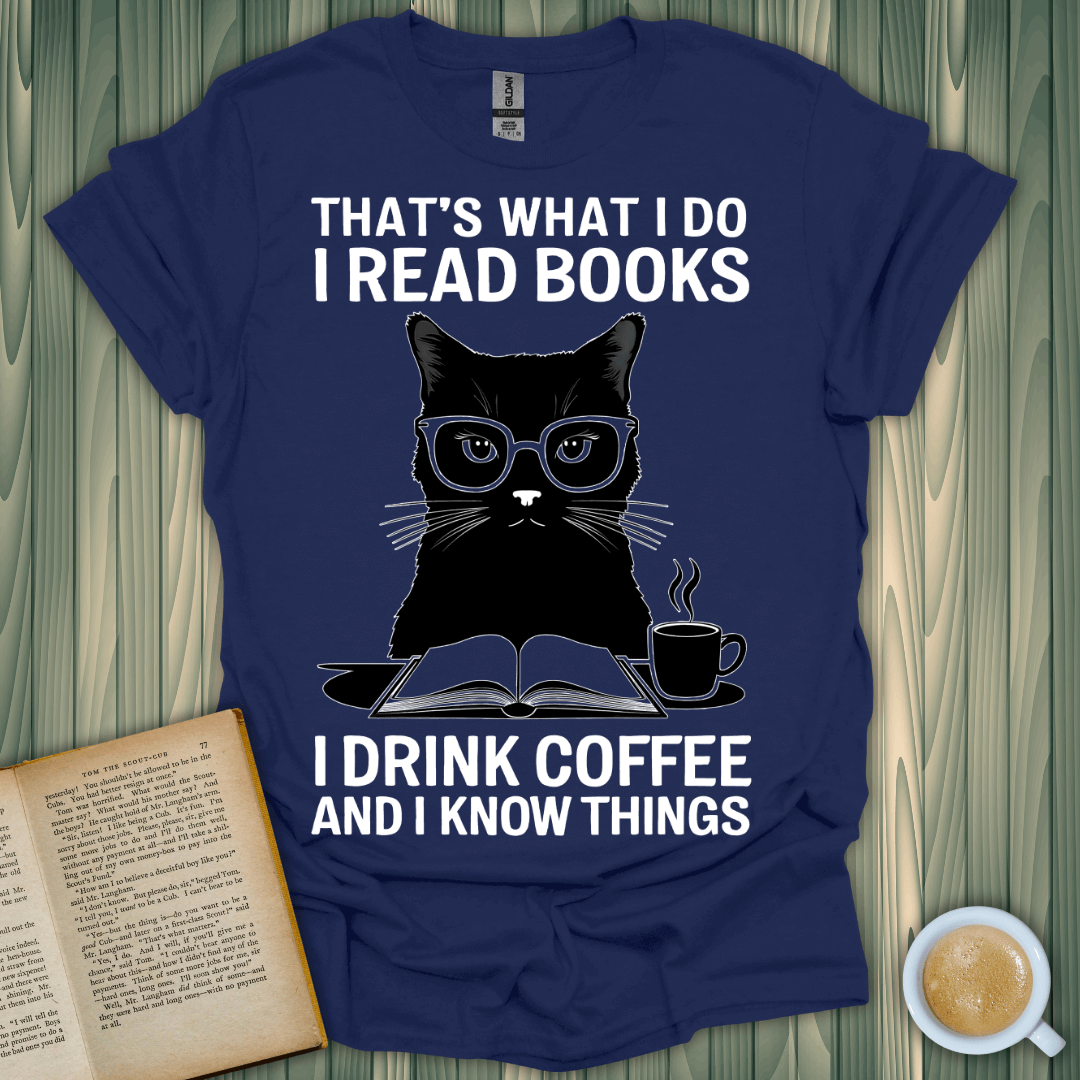 Coffee & Cat Wisdom T-Shirt for book lovers: features a cool cat in glasses, reading with coffee. Crafted from soft cotton.