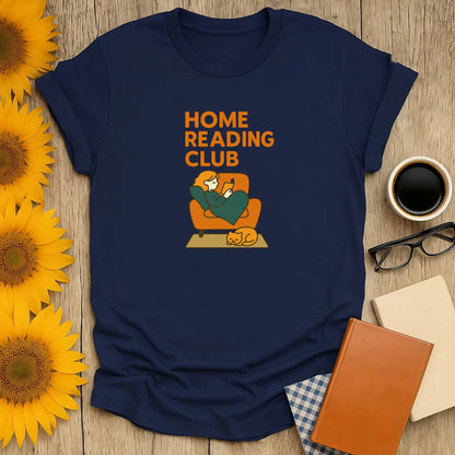 Cozy navy tee featuring 'Home Reading Club' with a relaxed reader and a sleeping cat, perfect for book lovers.