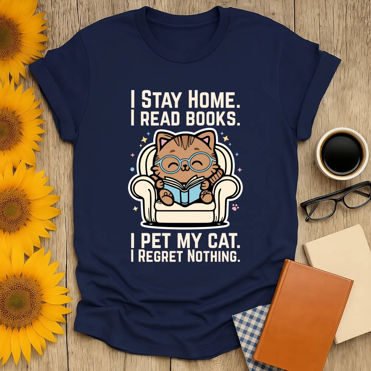 Starry Cat Reader T-Shirt featuring a cute cat in glasses reading a book with text about cats, books, and home. Perfect for book lovers.