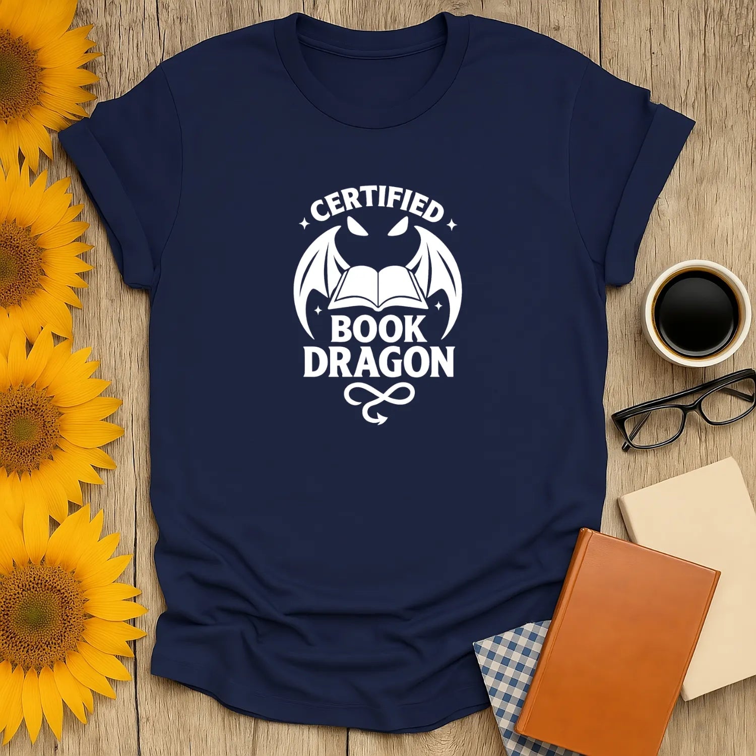 Funny book lover shirt featuring a dragon and text 'Certified Book Dragon'—perfect for cozy reading moments!