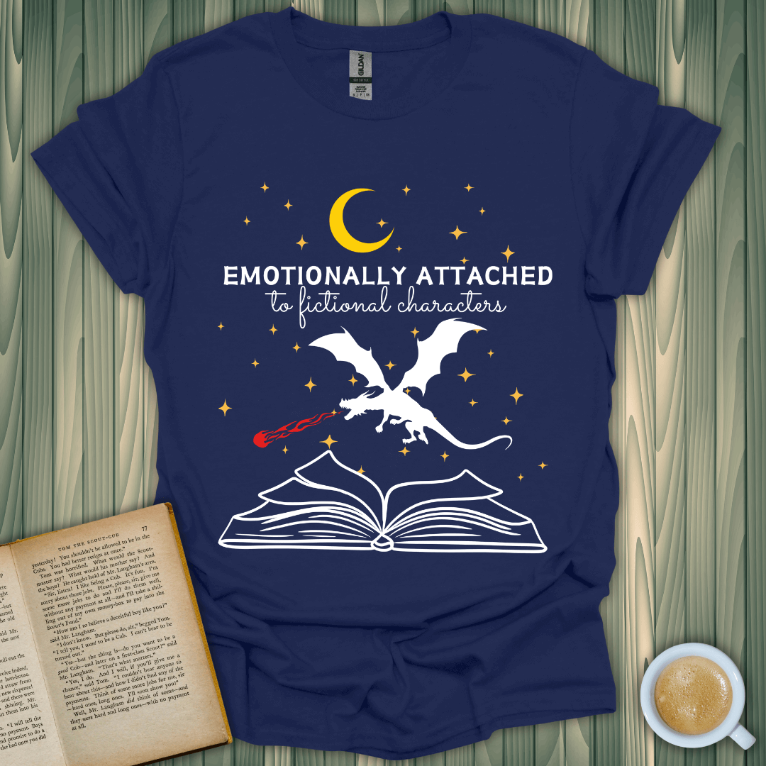 Fictional characters t-shirt for book lovers, featuring a dragon over an open book and a crescent moon design.