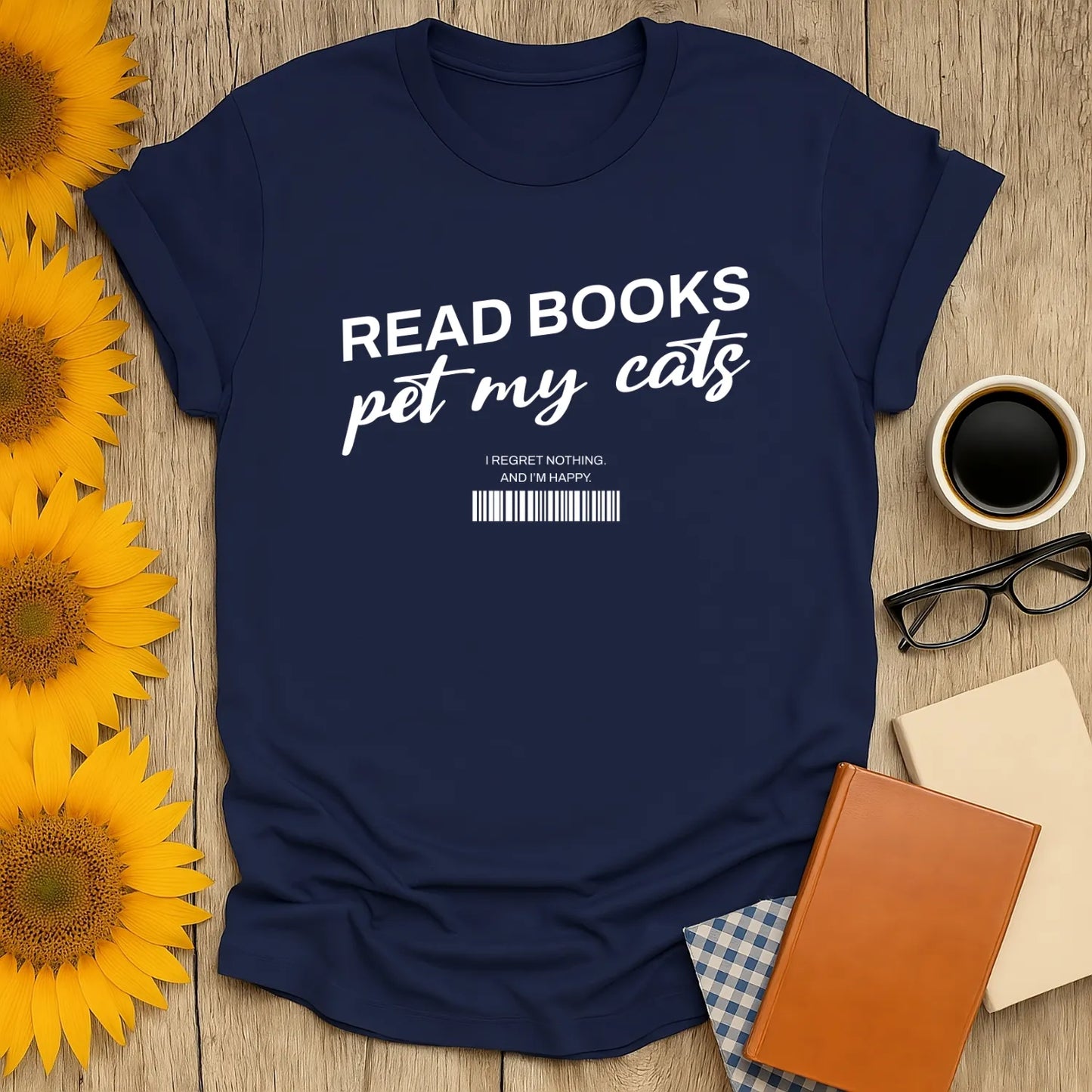 Barcode Reader T-Shirt featuring bold text: 'READ BOOKS pet my cats', with a playful barcode, perfect for cozy book lovers.