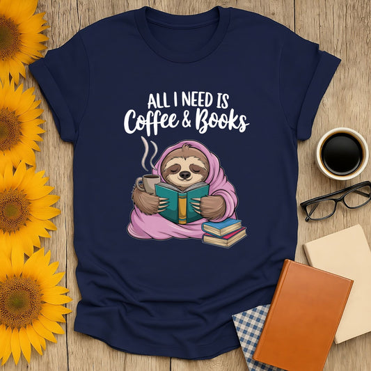 Navy Coffee & Books T-Shirt with a sloth illustration, perfect for book lovers. 100% cotton, premium quality.