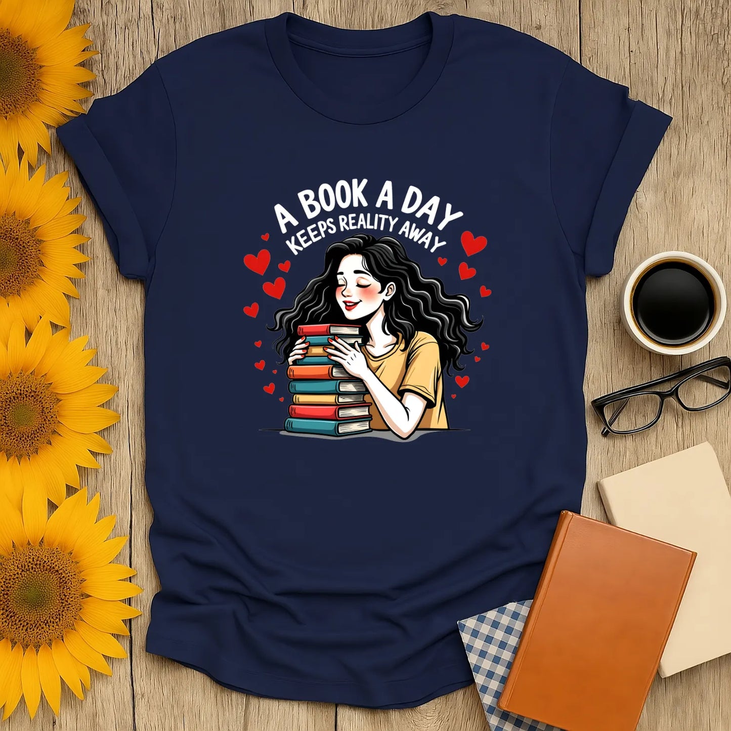 Bookish Romance T-Shirt featuring a woman with books, relaxed fit unisex shirt for readers, cozy reading outfit, gift for bibliophiles.