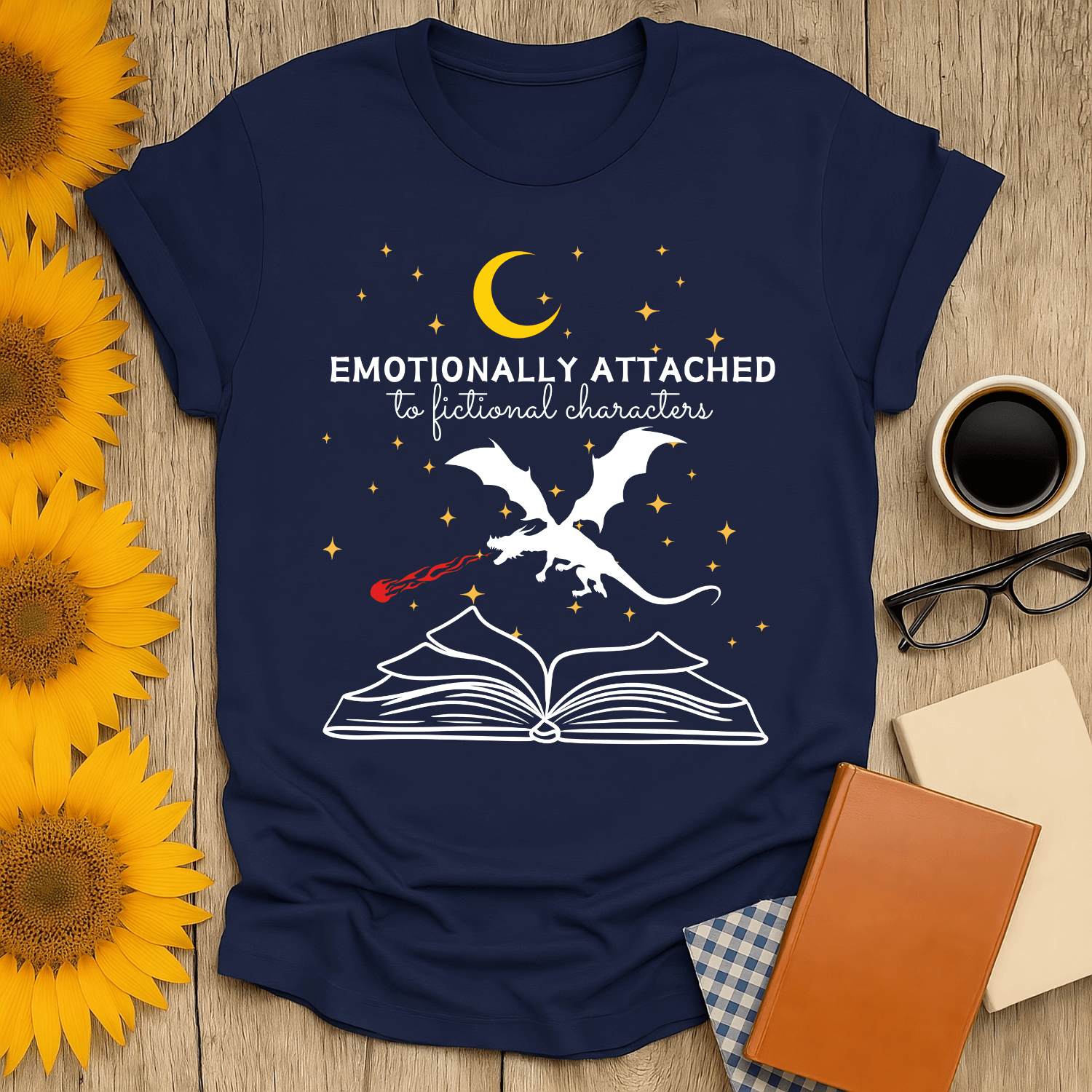 Navy blue t-shirt featuring "Emotionally Attached to Fictional Characters" design, perfect for book lovers.