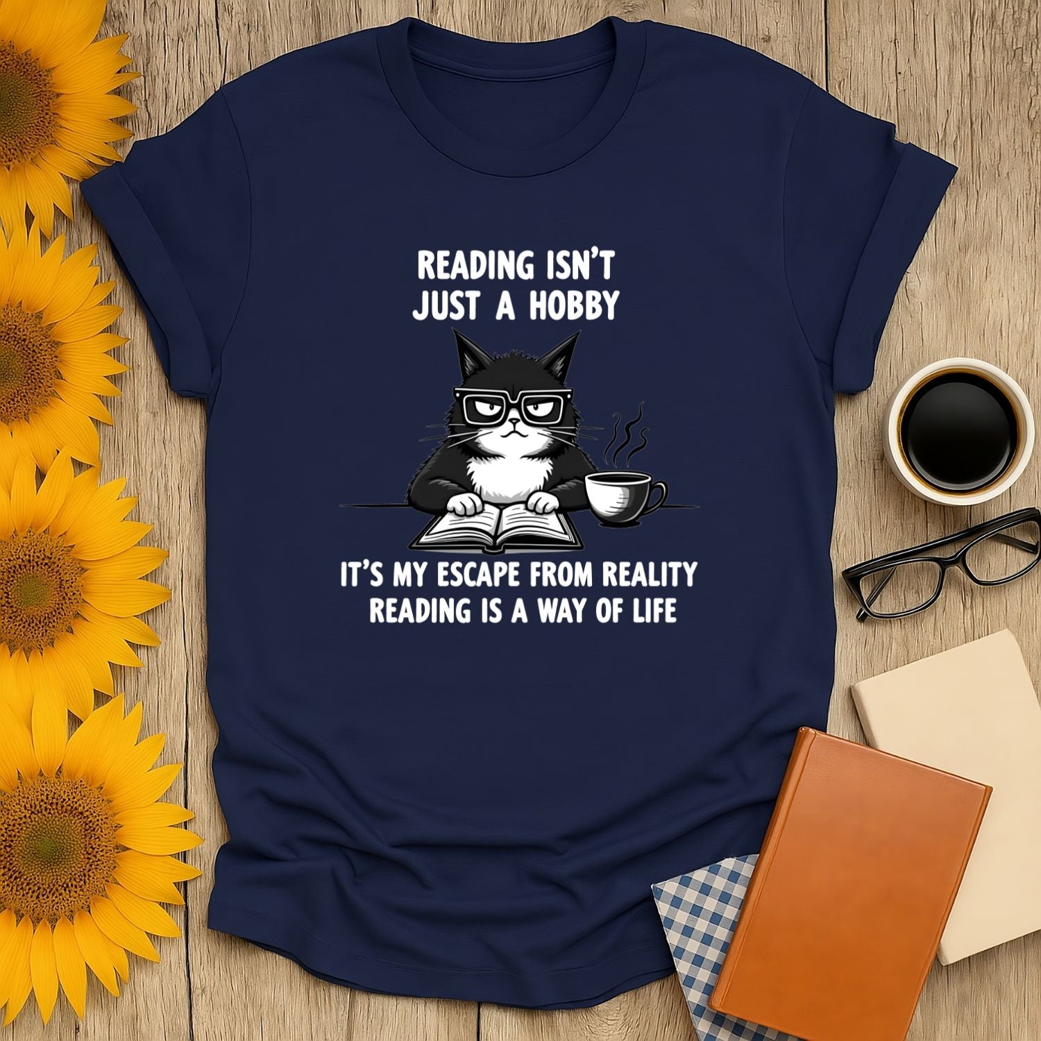 Grumpy cat t-shirt for book lovers featuring reading quotes, perfect for casual wear and celebrating a love of books.