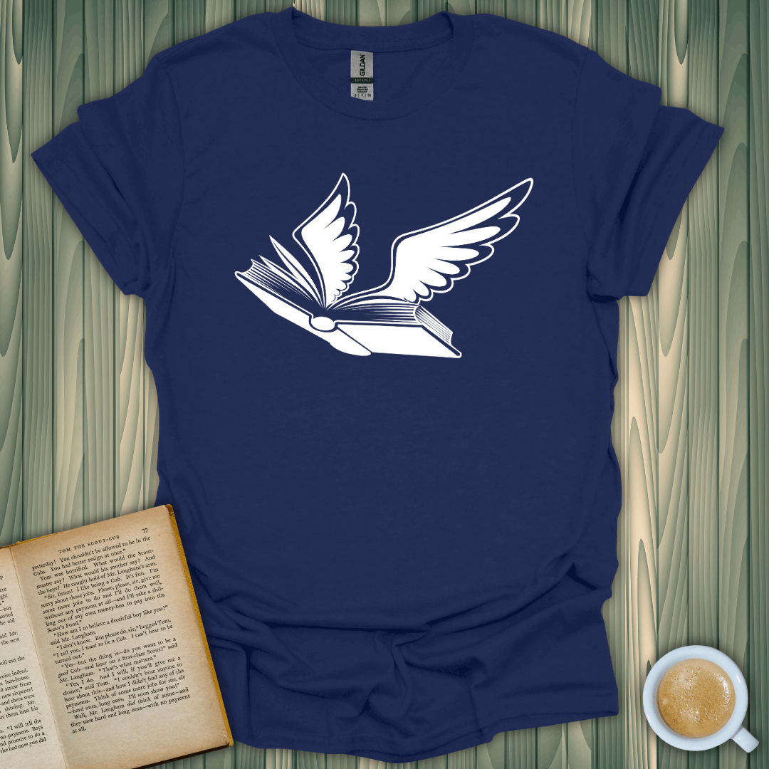 Bird of Hermes T-shirt for book lovers, featuring a flying book design on a navy blue unisex tee, made from breathable cotton.