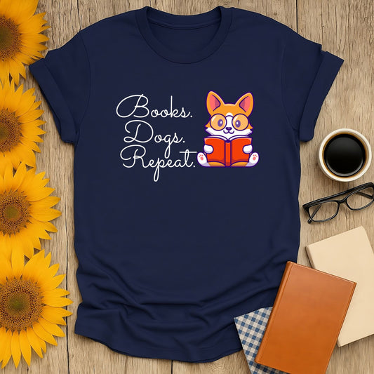 Pup & Pages T-Shirt featuring a cute corgi and text, ideal for book lovers, made of soft cotton.
