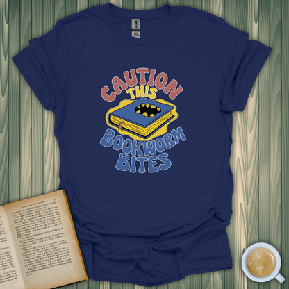 Caution This Bookworm Bites T-Shirt for book lovers, featuring a colorful design on soft, breathable fabric.