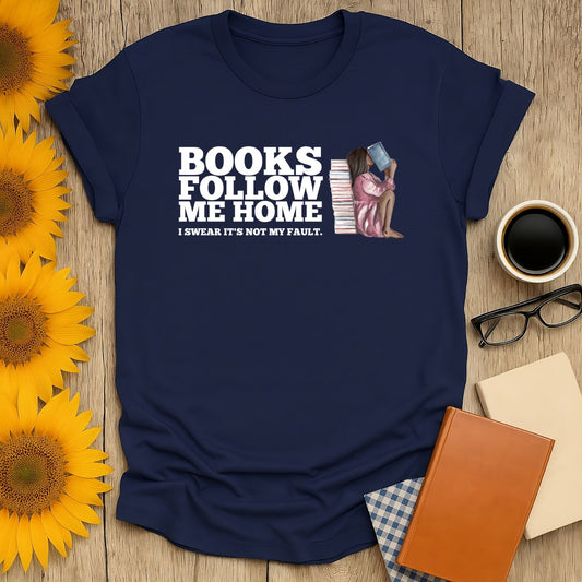Books Follow Me Home t-shirt for book lovers, featuring vibrant design on navy, perfect for casual wear.