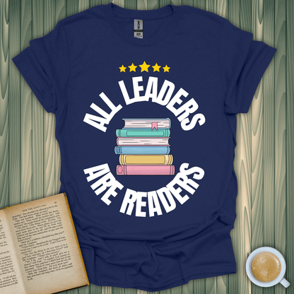 Leaders Are Readers T-Shirt featuring colorful books design, perfect for book lovers. Soft, breathable cotton, unisex fit.