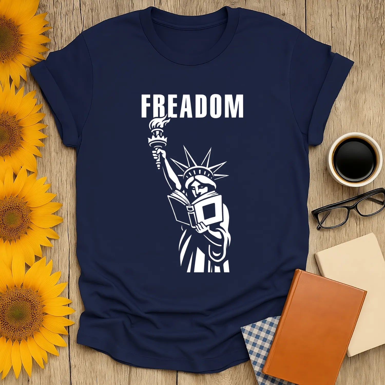 Freadom Statue T-Shirt with Liberty reading a book; a funny reading tee for cozy book lovers and great gifts.