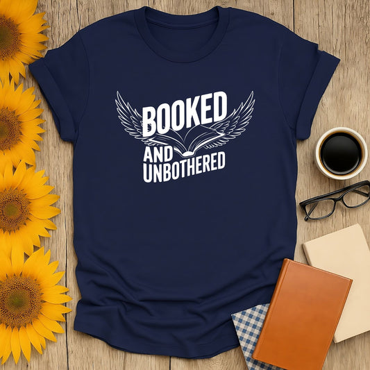 Booked and Unbothered T-Shirt for book lovers, featuring a soft screen print design on a navy cotton fabric.