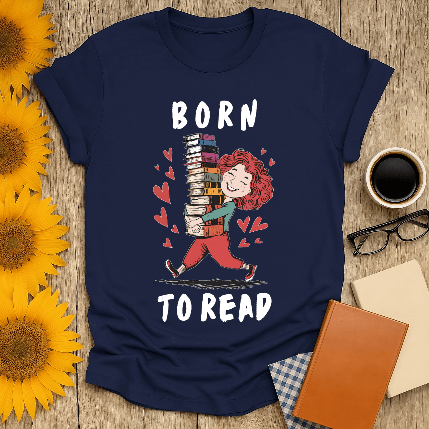 Born to Read T-Shirt featuring a happy girl carrying books, perfect for book lovers.