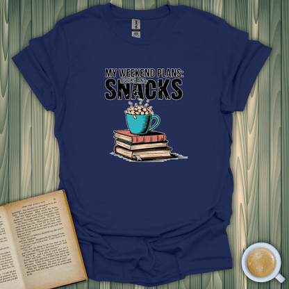 Navy Weekend Vibes T-Shirt featuring books and a snack mug design for book lovers.