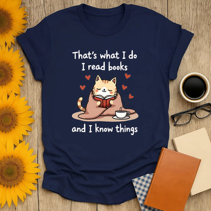 Cozy cotton tee featuring a cute cat reading a book with hearts and a coffee cup, perfect for book lovers and cat fans.