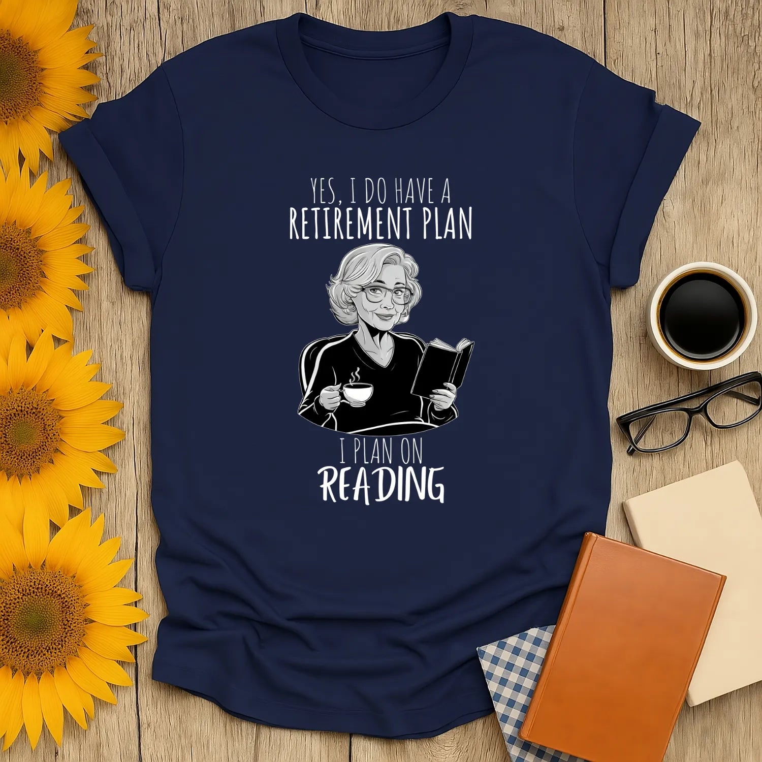 Retirement Plan T-Shirt featuring a woman with coffee and a book, perfect gift for readers, cozy reading aesthetic. ☕️📖