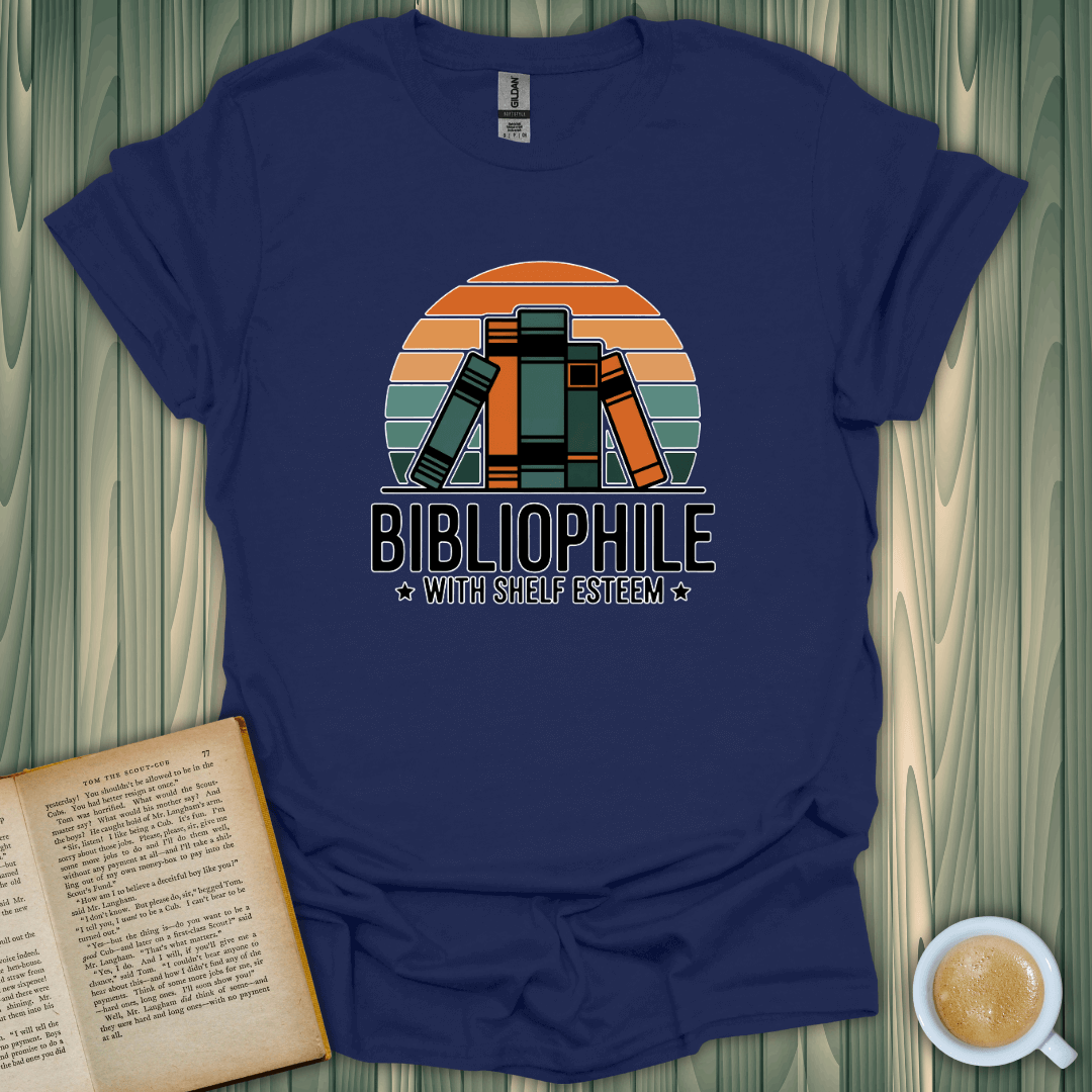 Bibliophile with Shelf Esteem T-Shirt for book lovers, featuring a colorful design on a navy background.