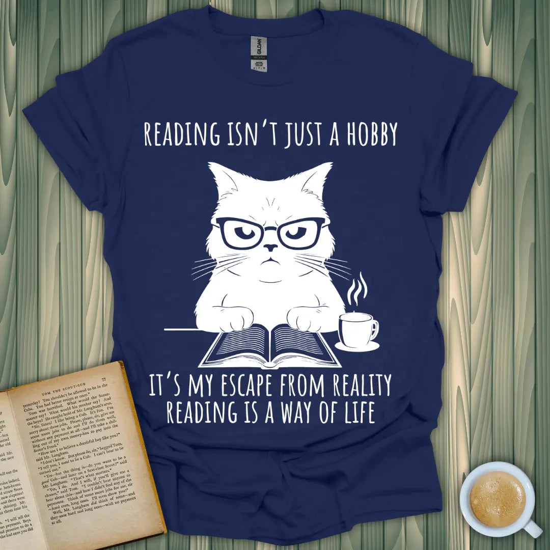 Reading Way of Life T-Shirt featuring a cat with glasses, perfect for book lovers and avid readers.