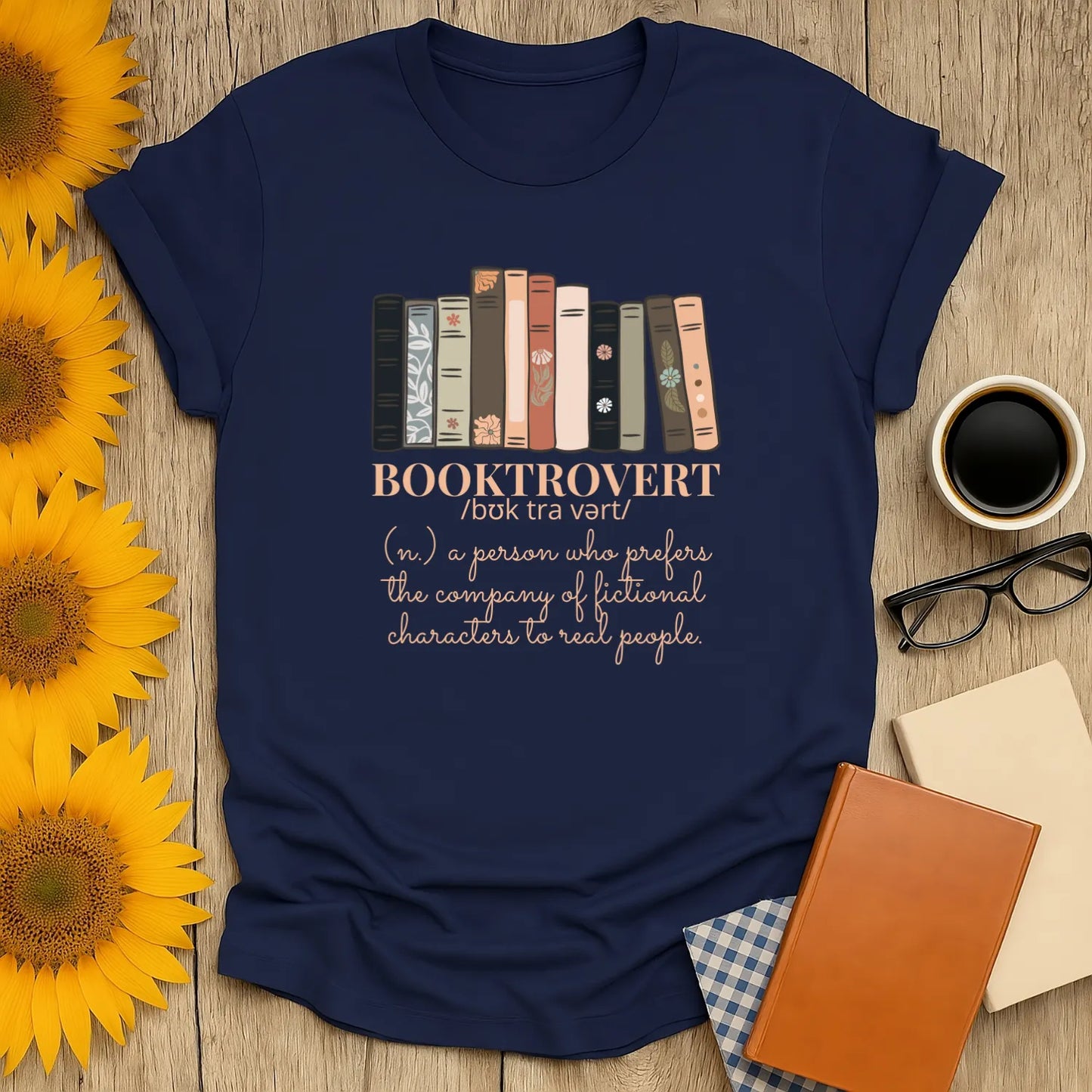 Booktrovert T-Shirt, relaxed fit unisex shirt in navy with vintage bookshelf design, perfect cozy reading outfit for book lovers 📖.