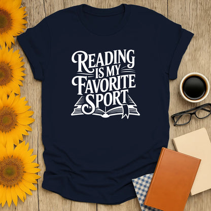Book lover shirt featuring "Reading is My Favorite Sport" in playful lettering, perfect gift for cozy readers.