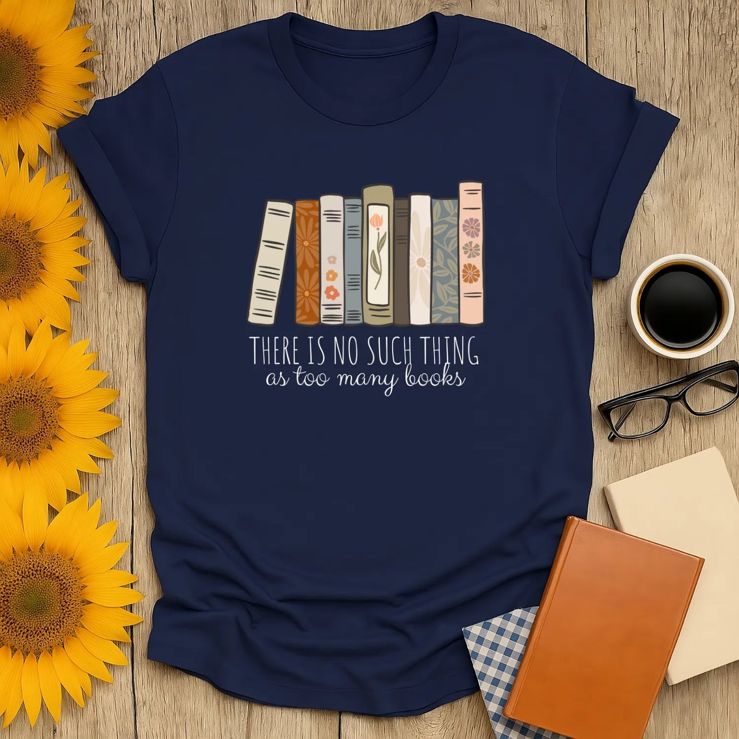 Too Many Books T-Shirt, a relaxed fit unisex shirt with colorful book spines, perfect gift for readers 📖.