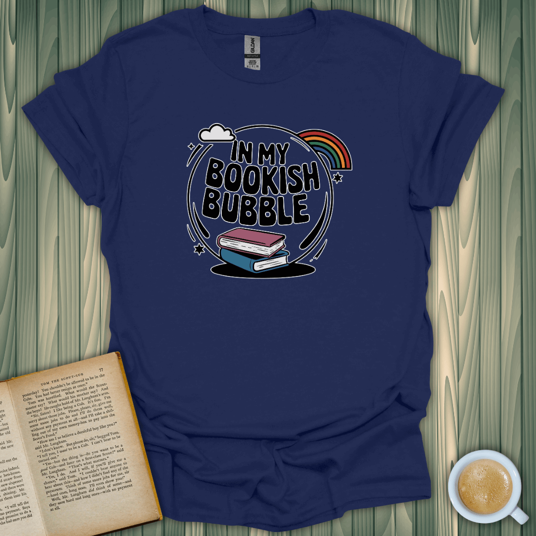 In My Bookish Bubble T-Shirt featuring a cute design for book lovers, made from 100% ring-spun cotton.