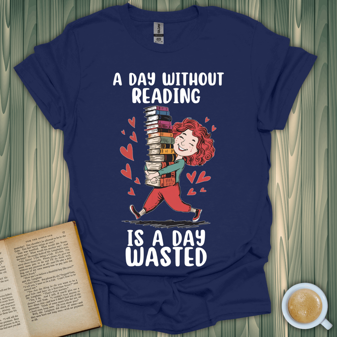 Unisex book lover t-shirt featuring a playful design with a girl carrying books, perfect for reading enthusiasts.