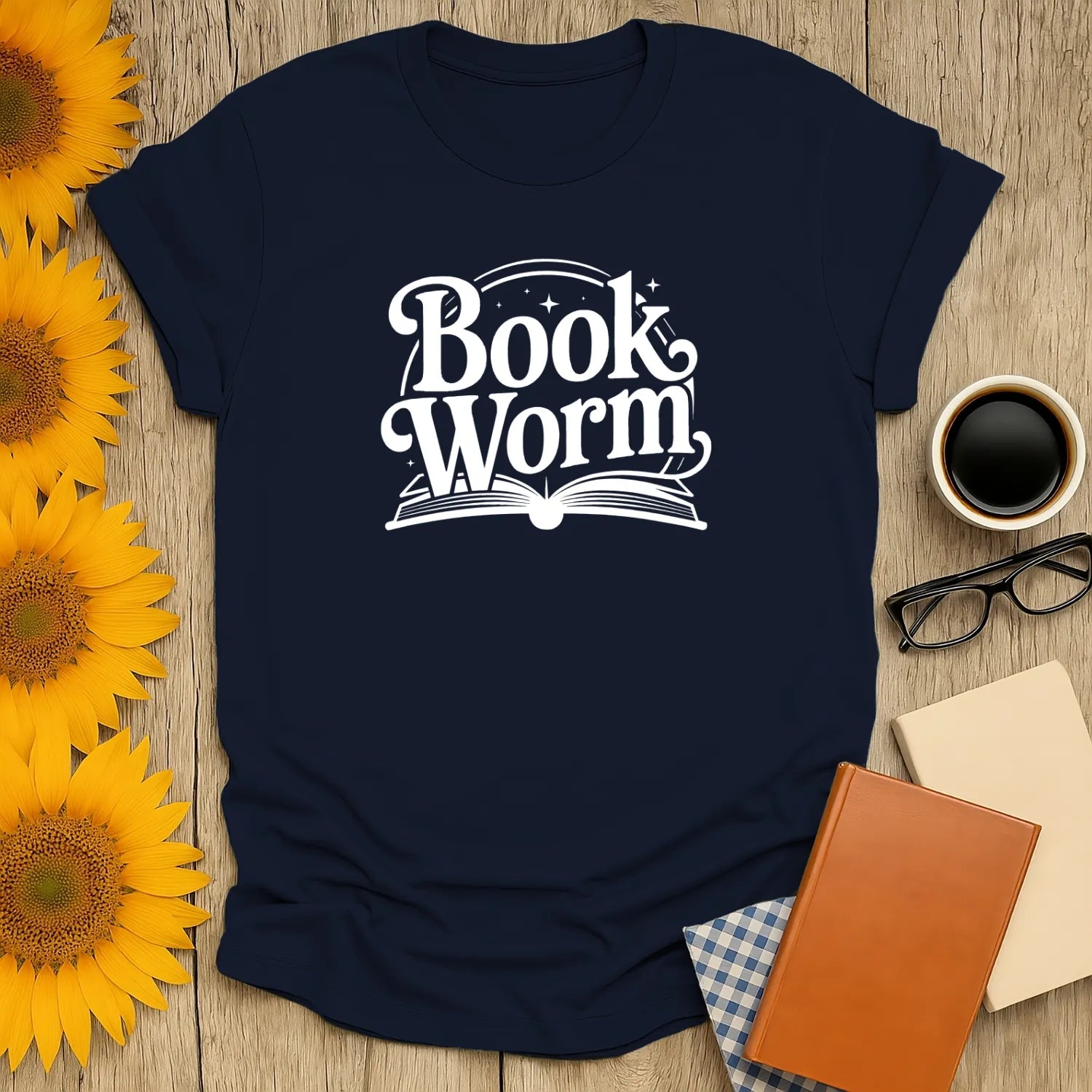 Cozy bookworm t-shirt with a playful 'Book Worm' design, perfect gift for cat and coffee lovers!