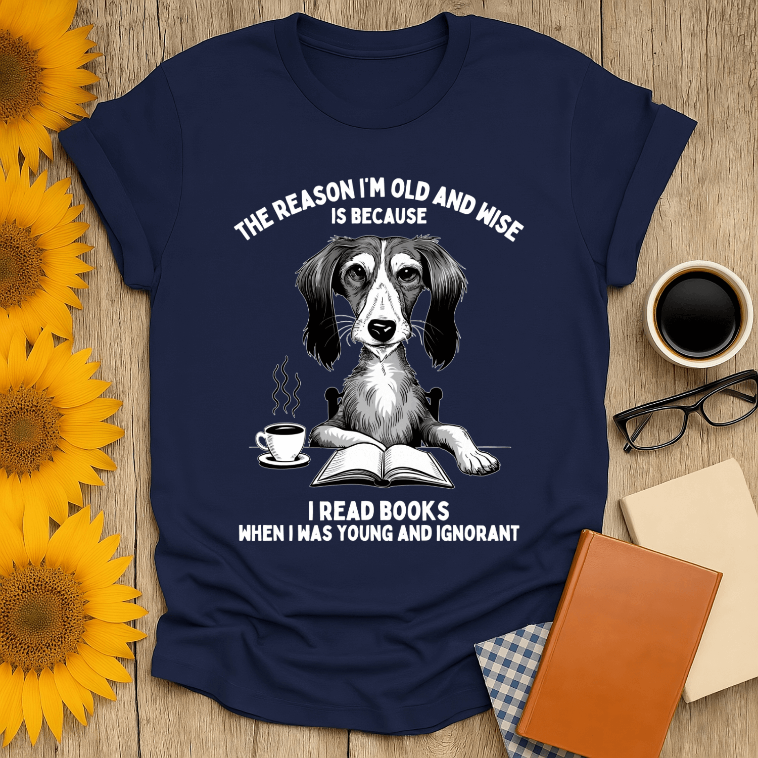 Old & Wise Reader T-Shirt featuring a dog reading, perfect for book lovers. 100% cotton, unisex fit, premium design.