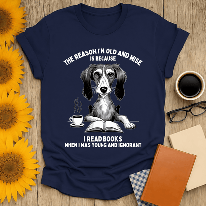 Old & Wise Reader T-Shirt featuring a dog reading, perfect for book lovers. 100% cotton, unisex fit, premium design.