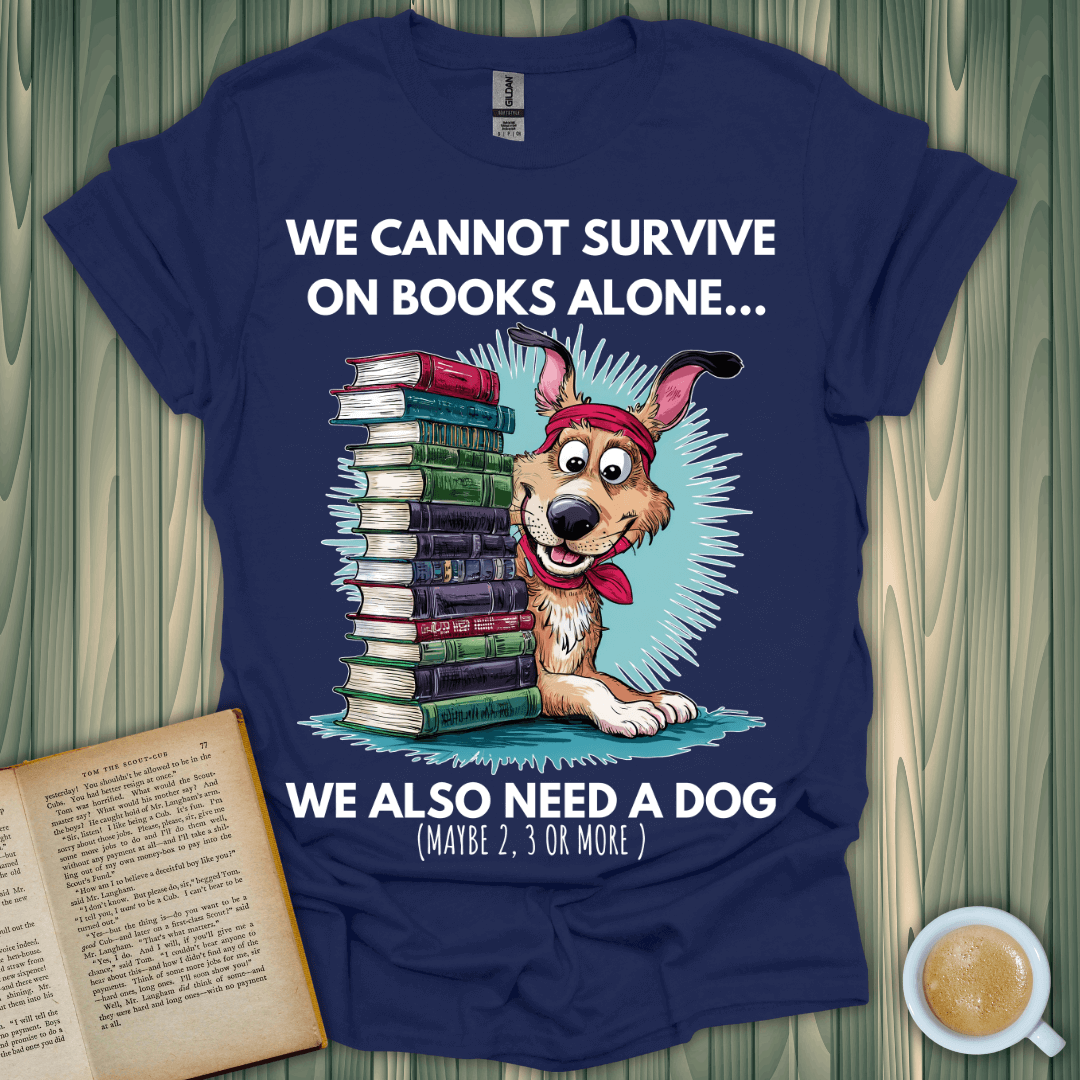 Books & Dogs T-Shirt featuring a playful dog beside a stack of books, perfect for book lovers.