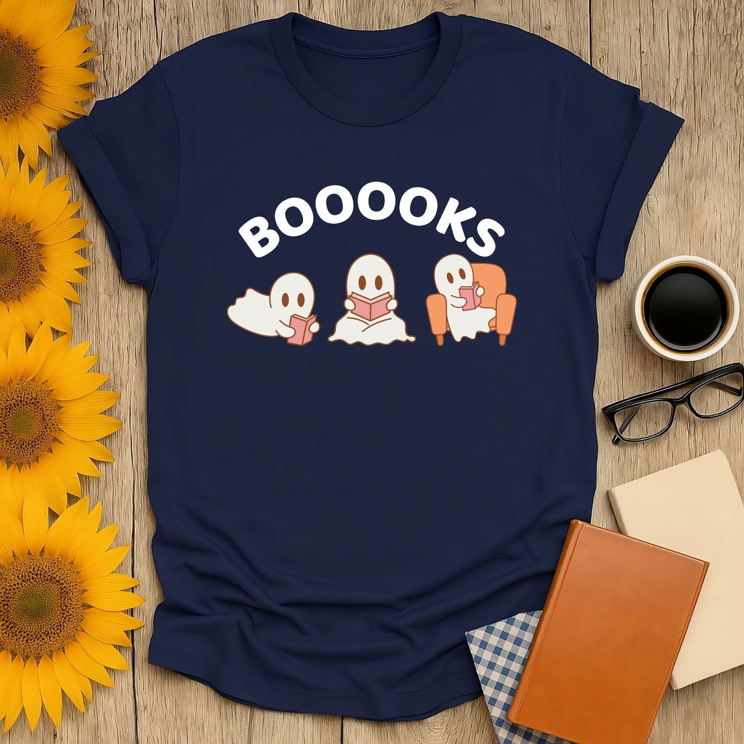 Booooks T-Shirt for book lovers featuring playful ghost designs, perfect for casual wear, made from 100% ring-spun cotton.