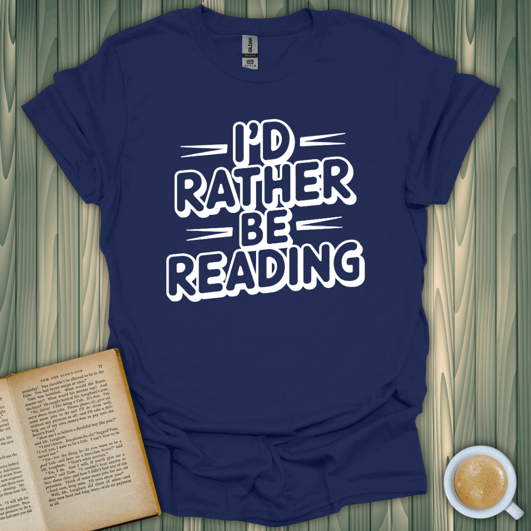 Navy blue 'I’d Rather Be Reading' T-shirt for book lovers, made from 100% cotton and perfect for casual wear.