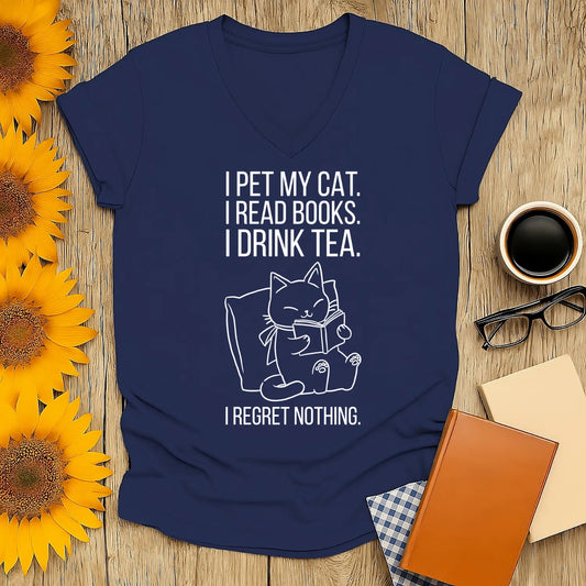 Cozy v-neck tee featuring a cat reading with tea, perfect for book lovers and gifts for readers.