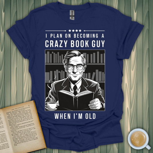 Future Book Obsession T-Shirt featuring graphic of a smiling man reading, perfect for book lovers.