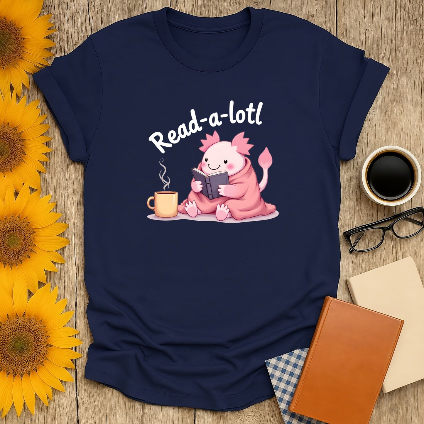 Read-a-lotl 2 T-Shirt featuring a cute character reading with a coffee, perfect for book lovers, made from soft cotton.