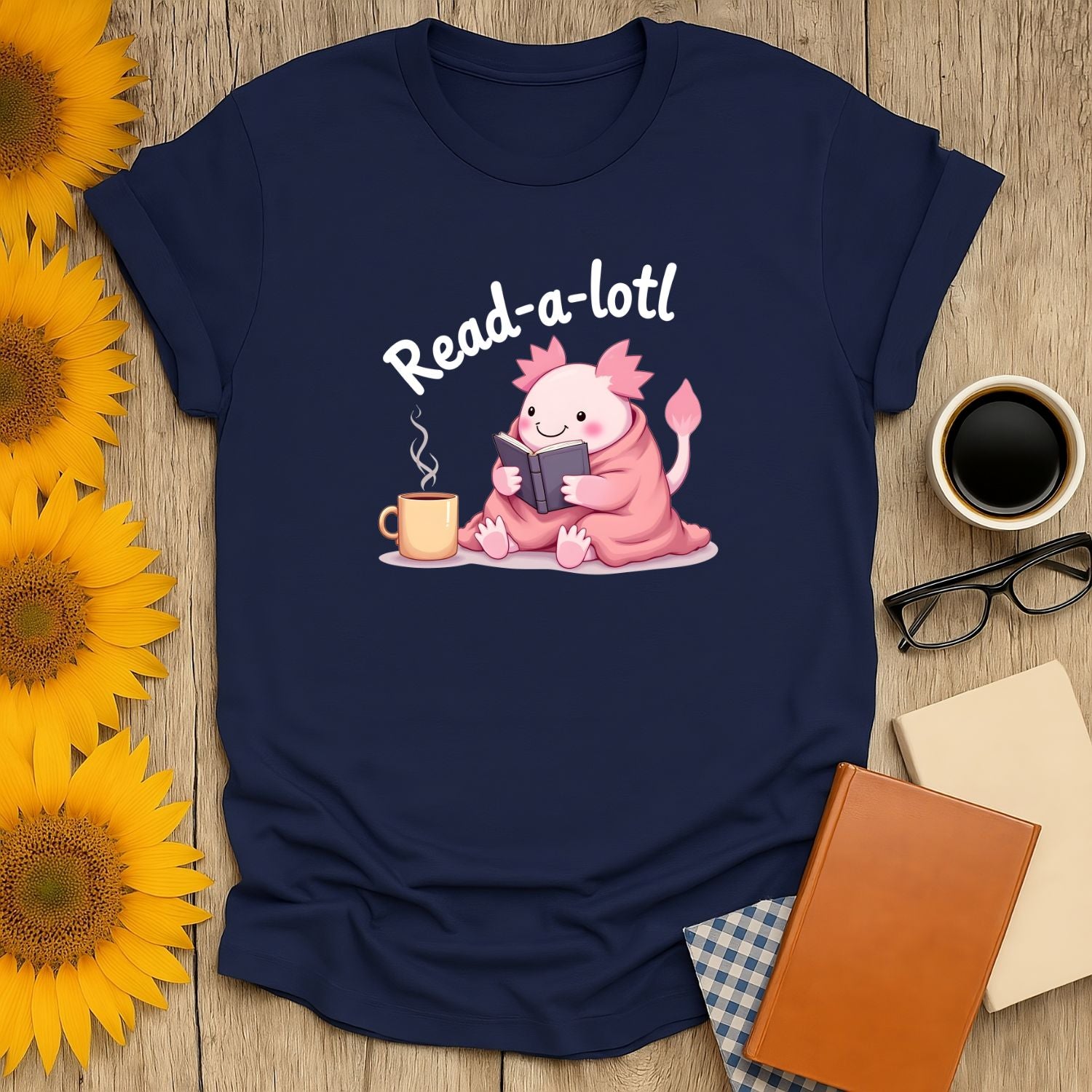 Read-a-lotl 2 T-Shirt featuring a cute character reading with a coffee, perfect for book lovers, made from soft cotton.