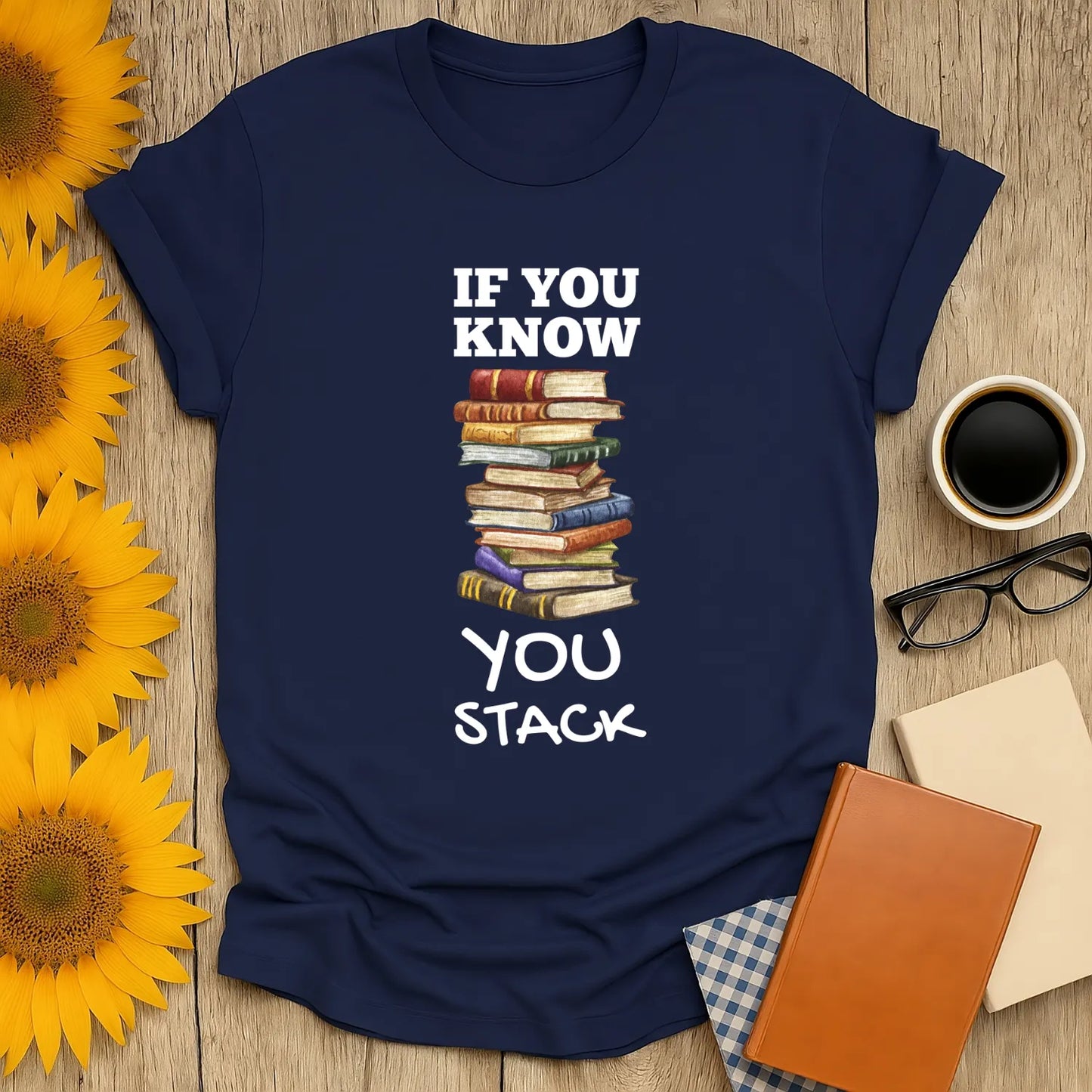 Stack Life T-Shirt featuring a playful book stack design. Relaxed fit unisex shirt for book lovers 📖, perfect cozy reading outfit.