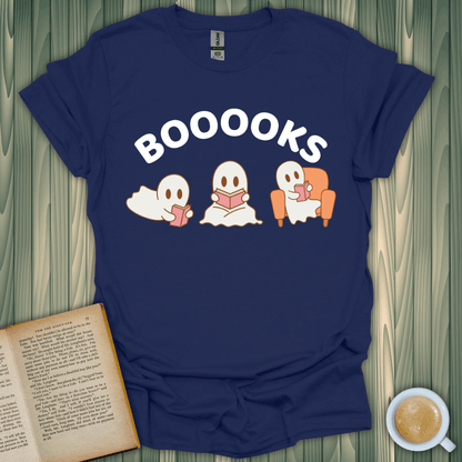 Booooks T-Shirt featuring playful ghost graphics for book lovers, made of 100% cotton, designed for comfort and style.