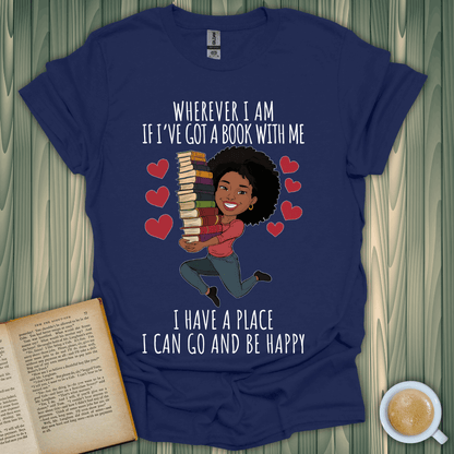 Books Bring Me Joy T-Shirt design featuring a happy woman with books, perfect for book lovers.