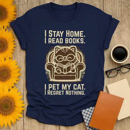 Ornament Cat Reader T-Shirt with a cheerful cat in glasses reading, slogan, perfect for cozy book lovers and cat enthusiasts.