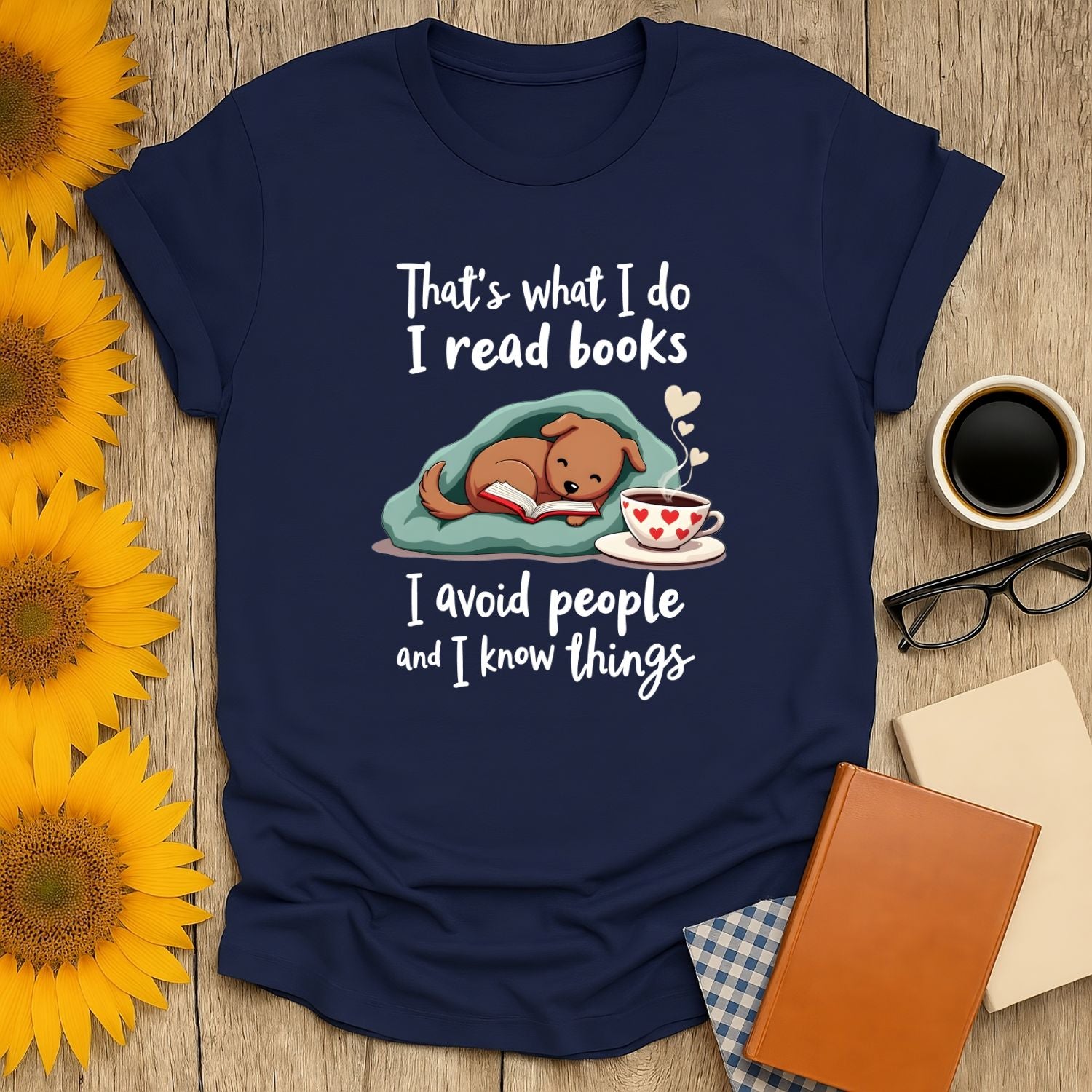 Cozy Pup Reads T-Shirt featuring a bear reading under a blanket with coffee and books, perfect for book lovers.