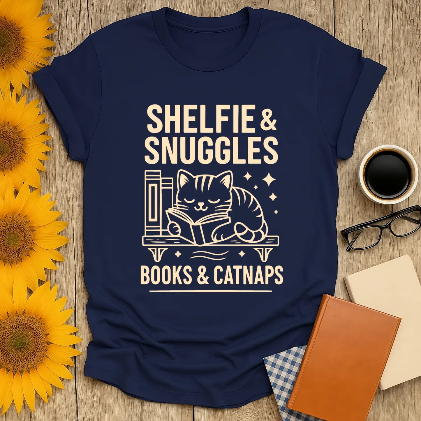 Cozy cat reading shirt featuring a cute cat with books, perfect for book lovers, gifts for readers who love snuggles.