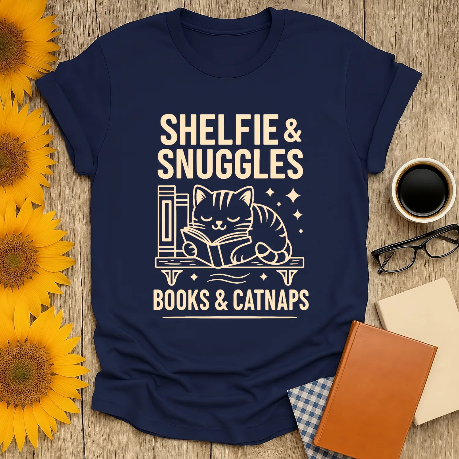 Cozy cat reading shirt featuring a cute cat with books, perfect for book lovers, gifts for readers who love snuggles.
