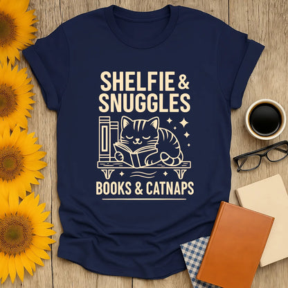 Cozy cat reading shirt featuring a cute cat with books, perfect for book lovers, gifts for readers who love snuggles.