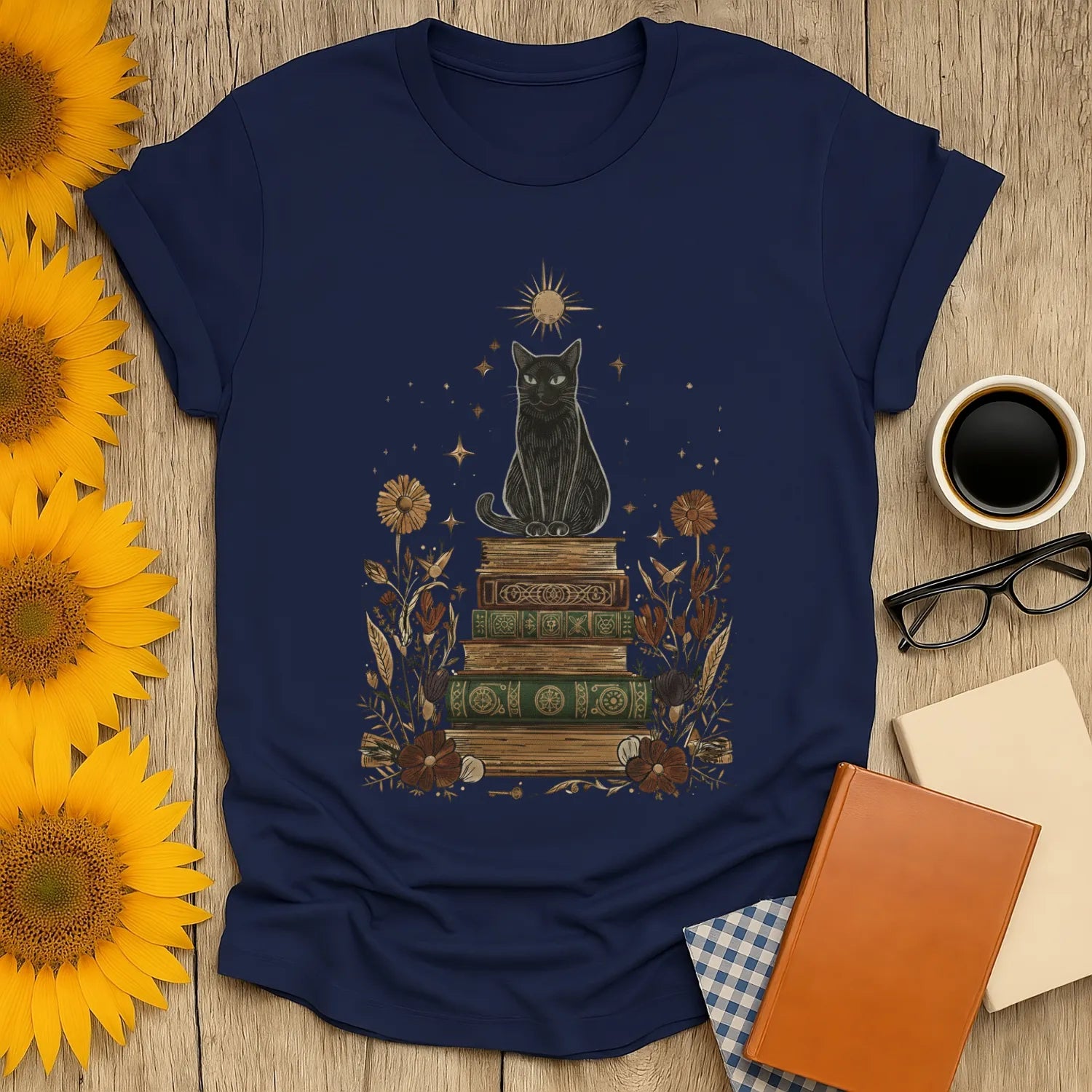 Mystic Cat & Books T-Shirt featuring a black cat on vintage books, perfect for book lovers and a great gift for readers.